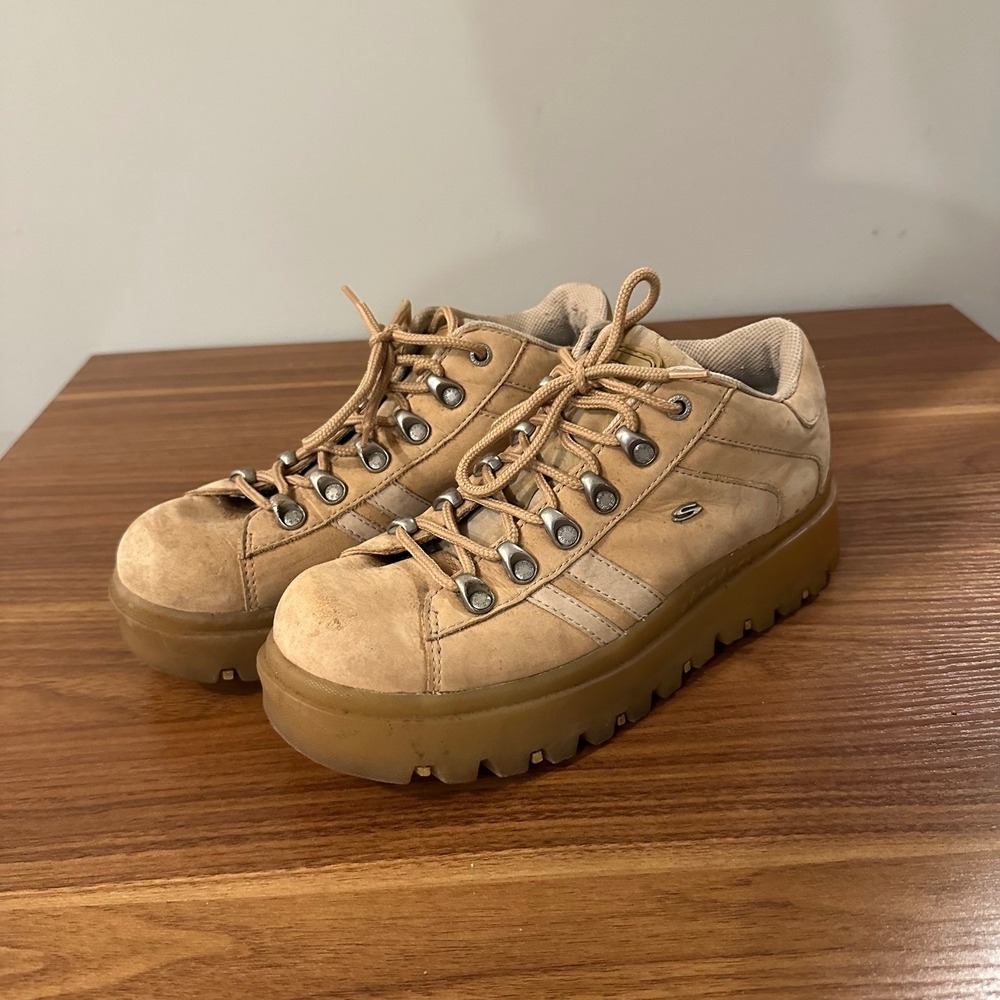 Vintage Skechers Jammers Tan Nubuck Platform Sneakers Y2K Low Top Shoes Size 10